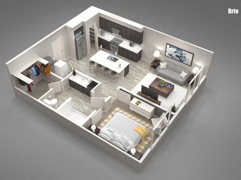 A 3D rendered image of a modern apartment layout.